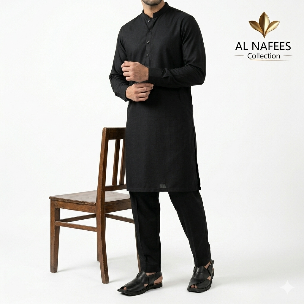 Men’s Black 2 Piece Washing Wear Suit – Premium Smooth Eastern Wear Shalwar Kameez