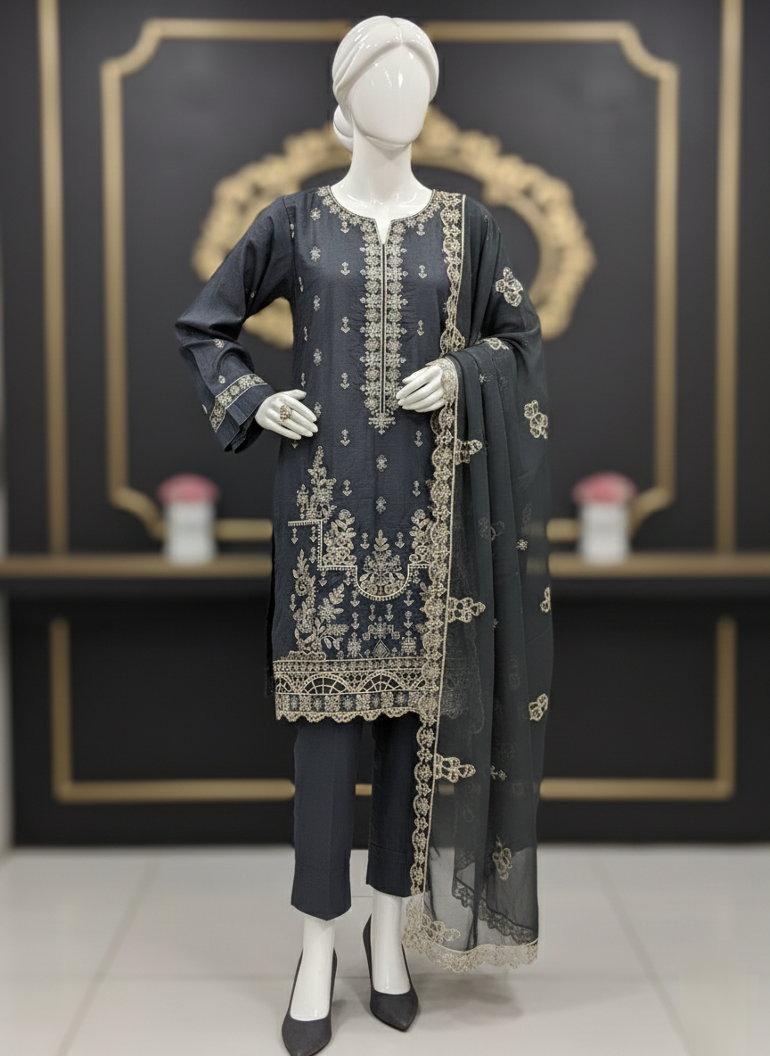 3 Piece Unstitched Eid Wear|Chamki Lawn Embroidered Suit