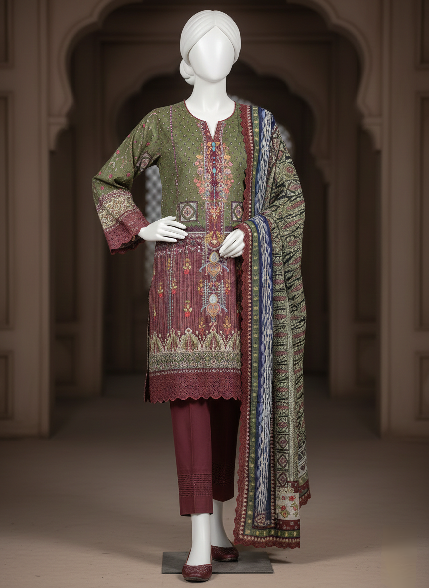 3PC Emb Unstitched Lawn Suit For Eid Wear