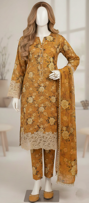 3PC Unstitched Lawn Suit Rose Floral Print with Fancy Dupatta