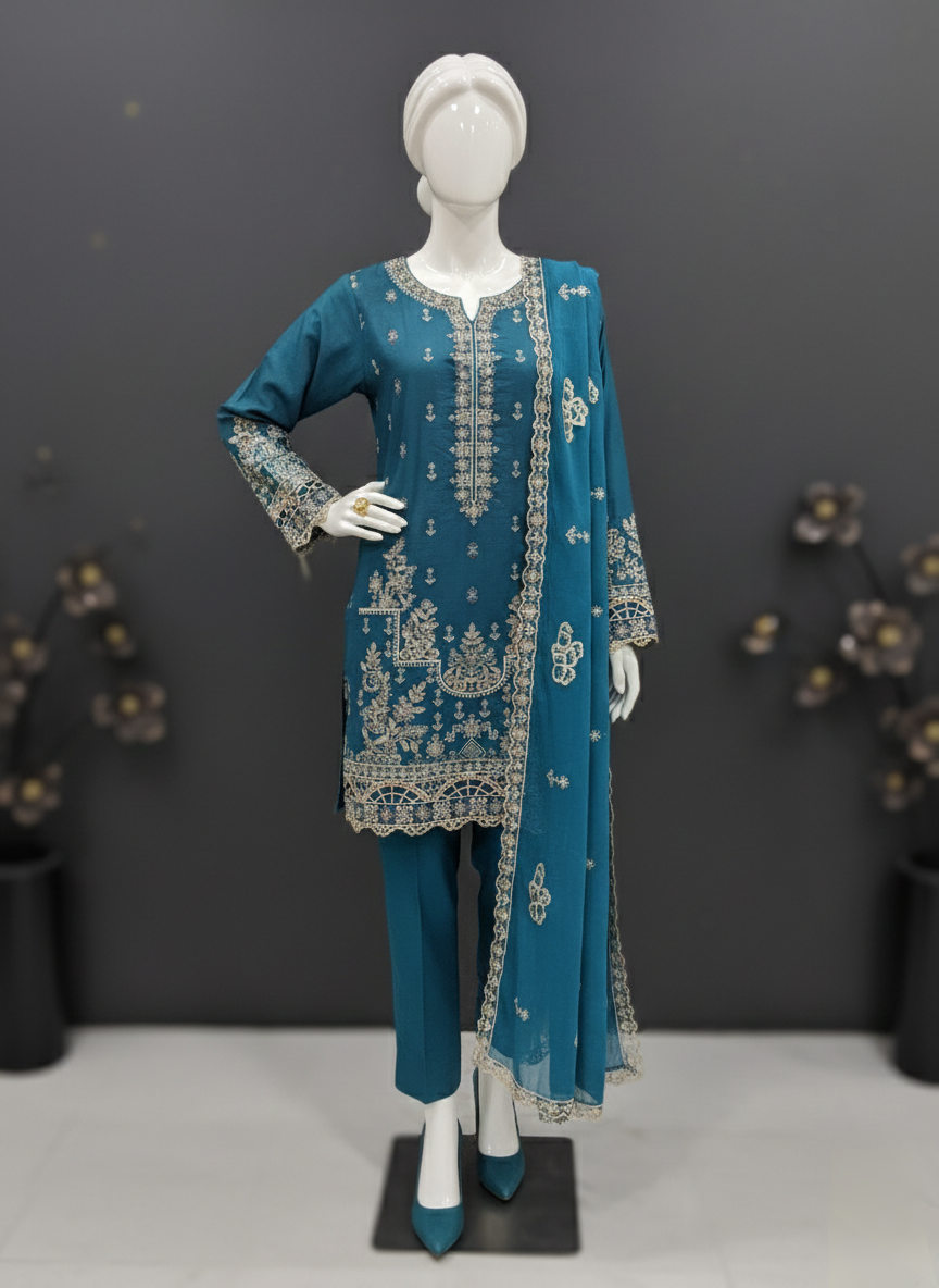 3PC Unstitched Eid  Chamki Lawn Suit – Embroidered with Ready To Wear  Chiffon Dupatta