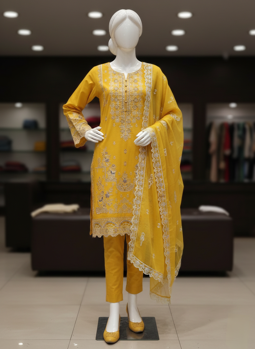 3 Piece Unstitched | Embroidered Chamki Lawn