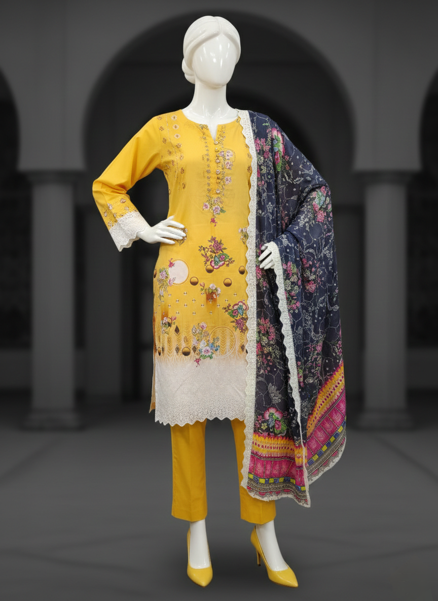 Rangriti 3PC Unstitched Embroidered Lawn Suit – Emb Shirt & Emb Dupatta