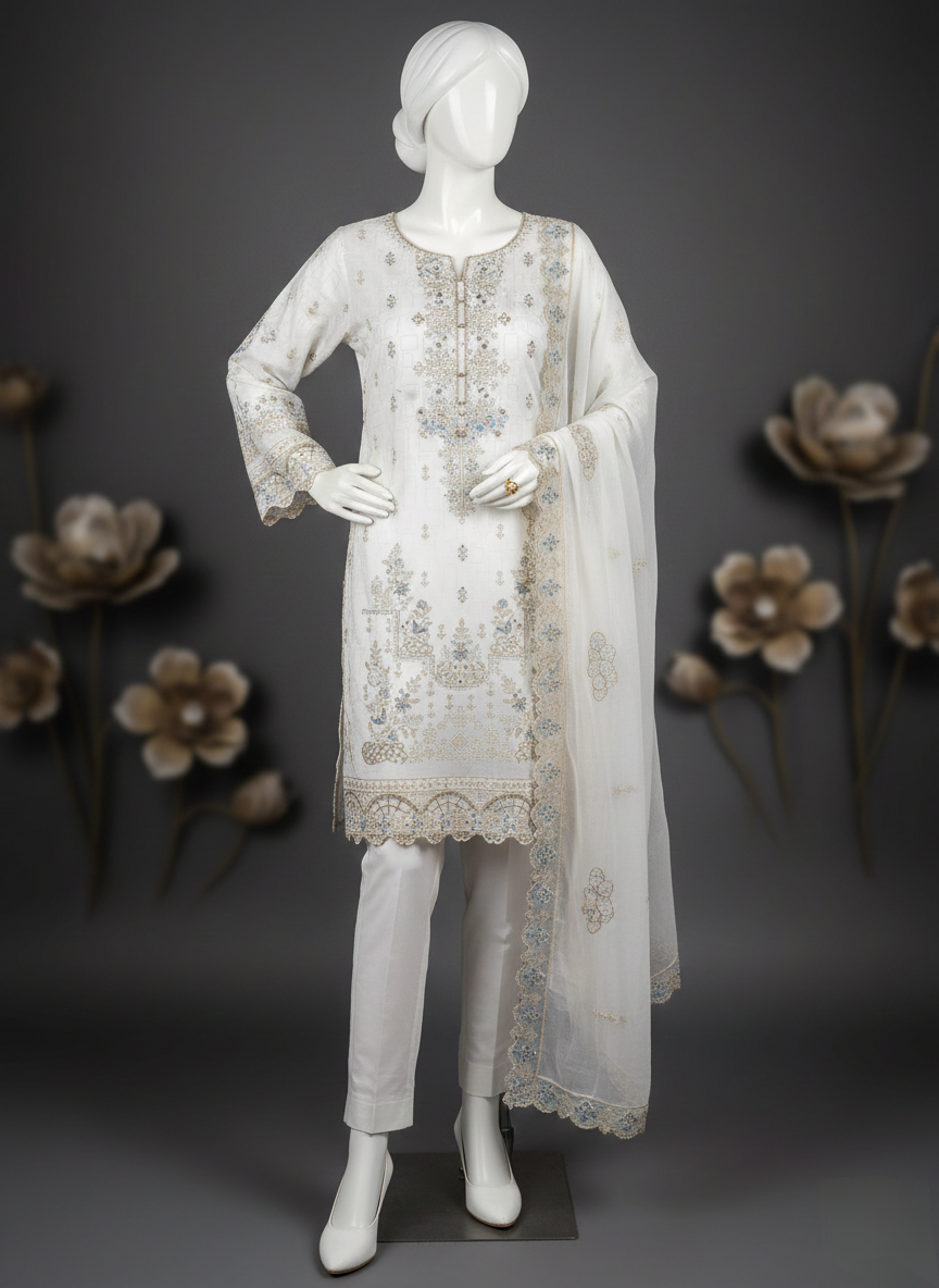 3PC Unstitched Chamki Lawn Eid Collection – Embroidered Shirt with RTW Chiffon Dupatta